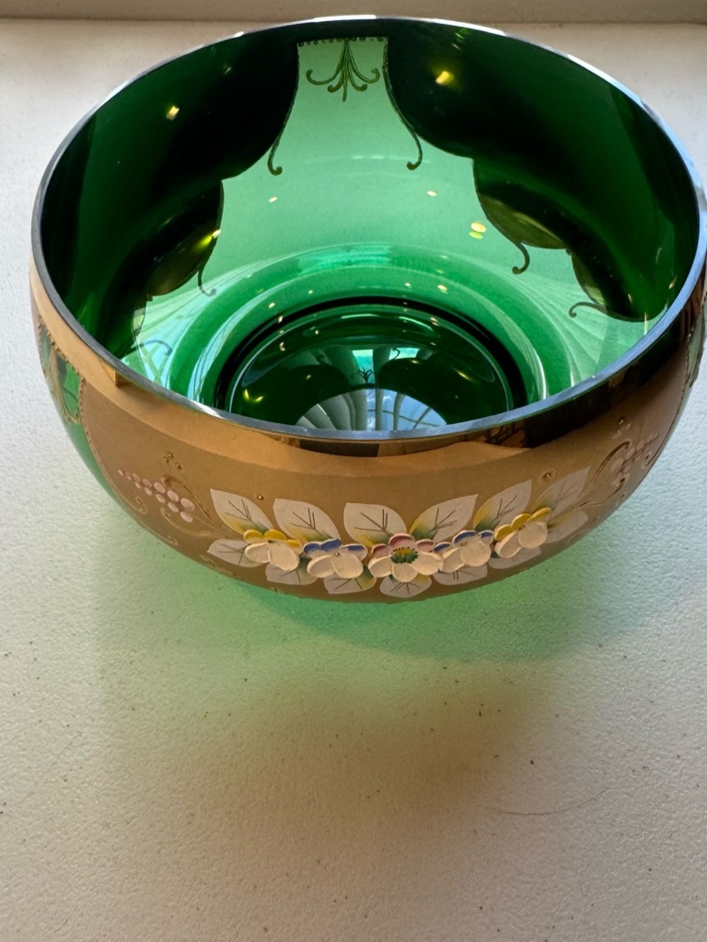 Green and Gold Floral Glass Bowl - Decorative Home Art - Picture 2 of 2